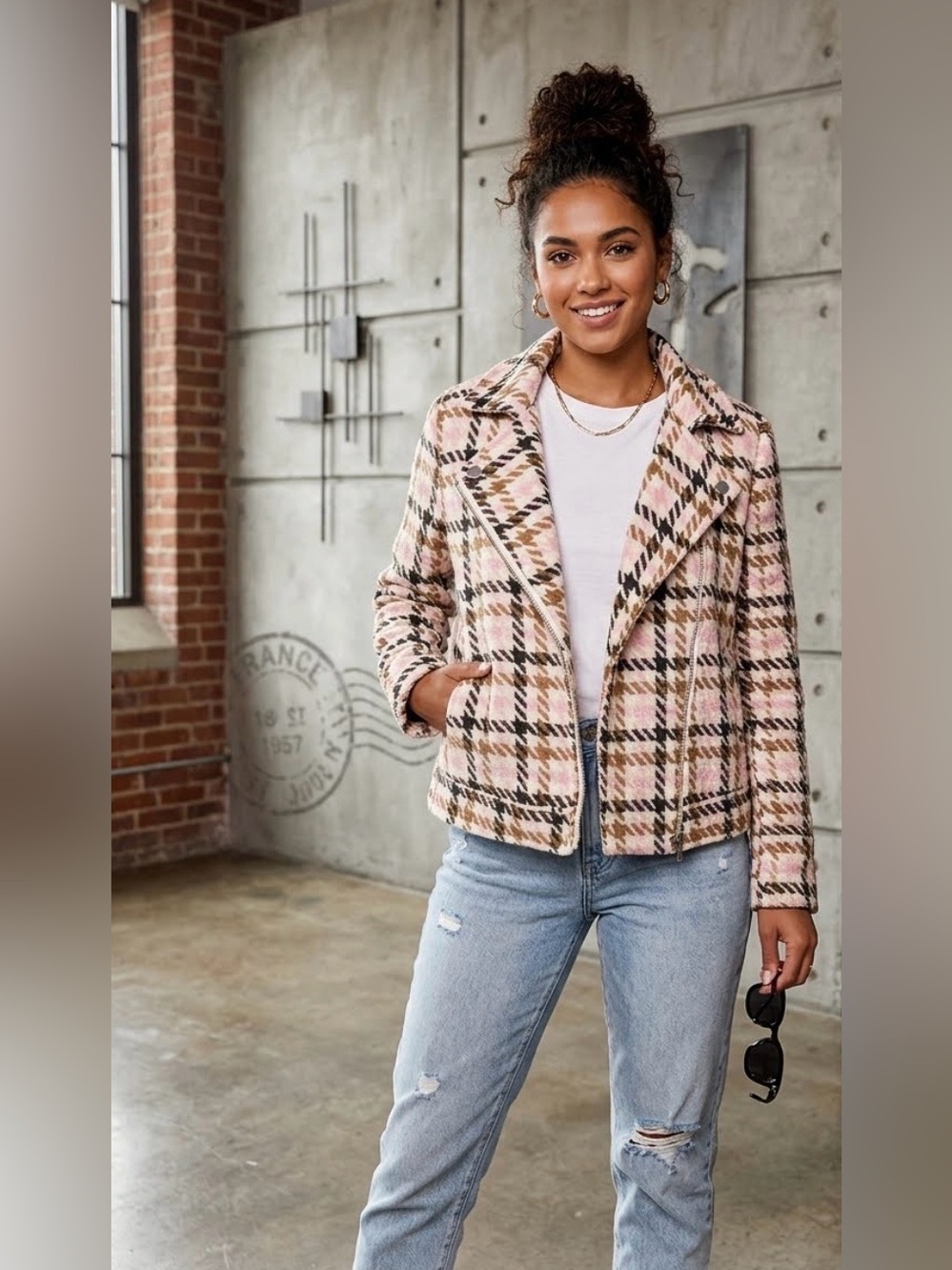 Fate Plaid Tweed Moto Jacket in Cream, Pink & Black